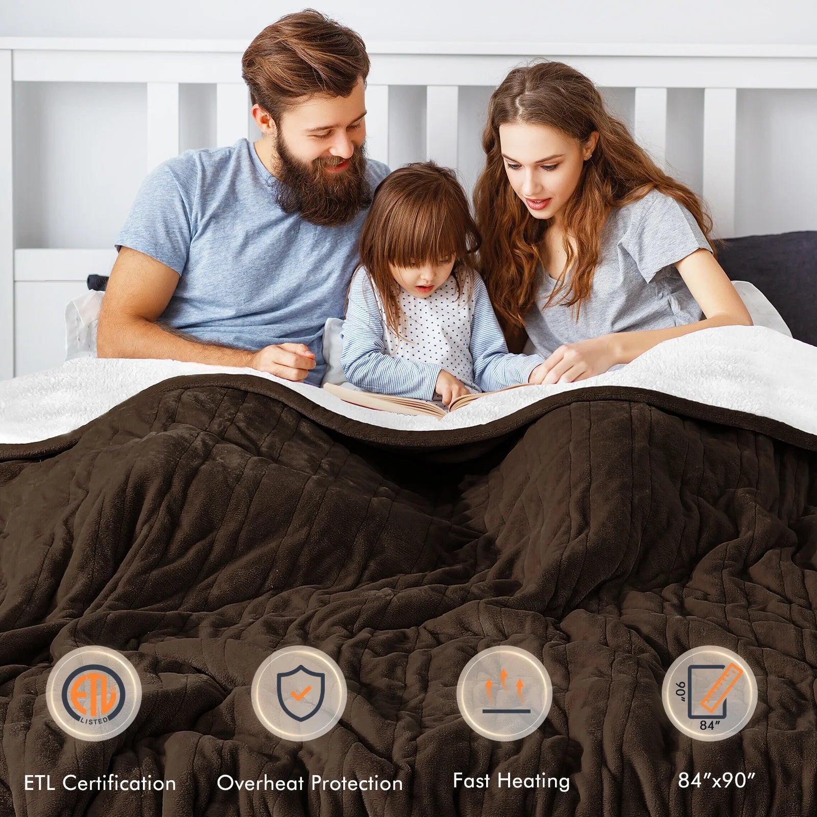 Electric Heated Blanket Queen Size 84''X90'', Fast Heating with Dual Controllers, 10 Heating Levels, 10H Timers, Preheat Function - Brown