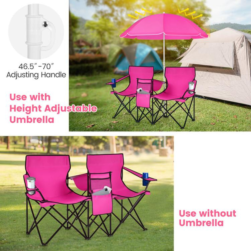 COSTWAY Double Portable Picnic Chairs, Folding Camping Chairs W/Detachable Umbrella, Cooler Bag, Cup Holders, Patio Beach Camping Chairs for Outdoors-Back to School