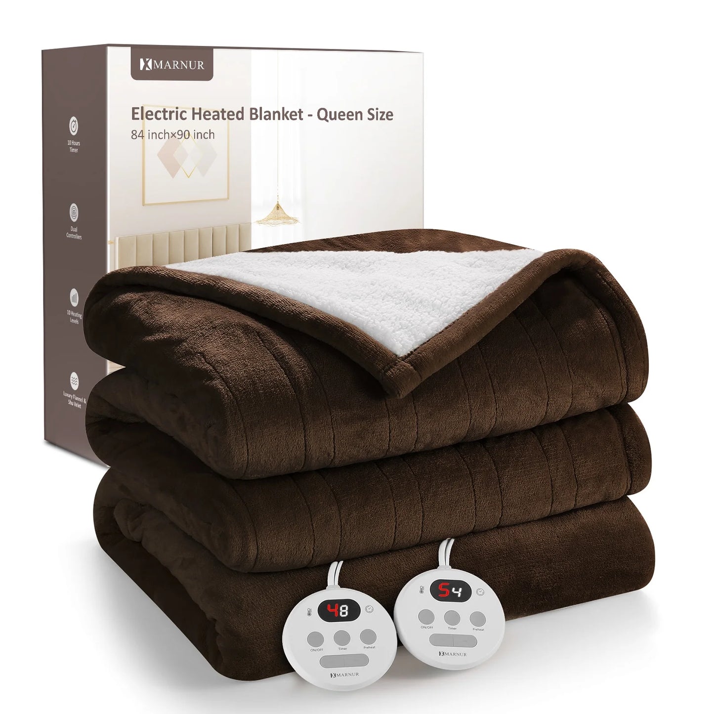 Electric Heated Blanket Queen Size 84''X90'', Fast Heating with Dual Controllers, 10 Heating Levels, 10H Timers, Preheat Function - Brown