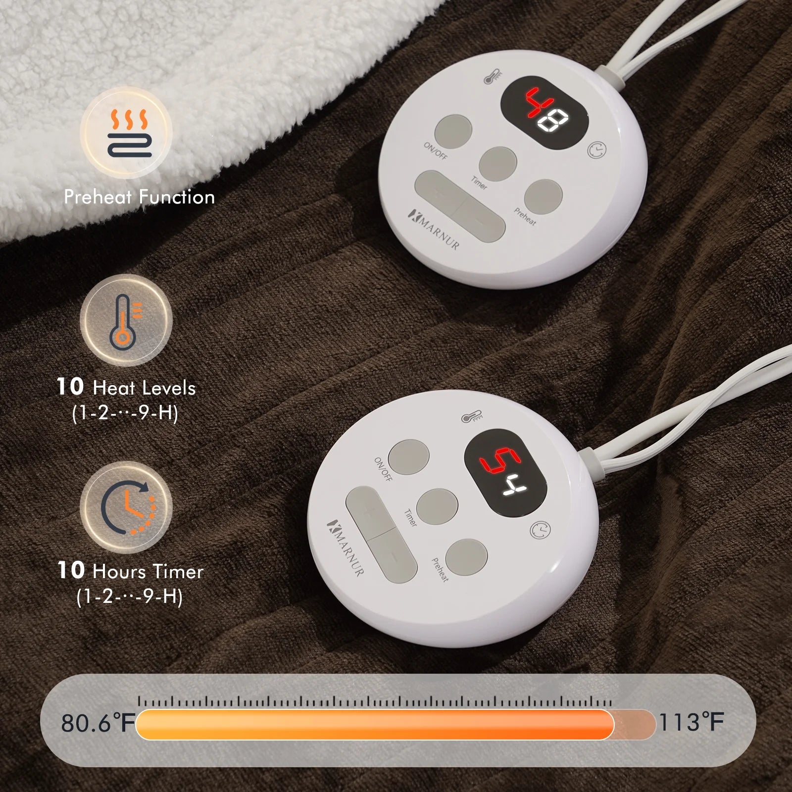 Electric Heated Blanket Queen Size 84''X90'', Fast Heating with Dual Controllers, 10 Heating Levels, 10H Timers, Preheat Function - Brown