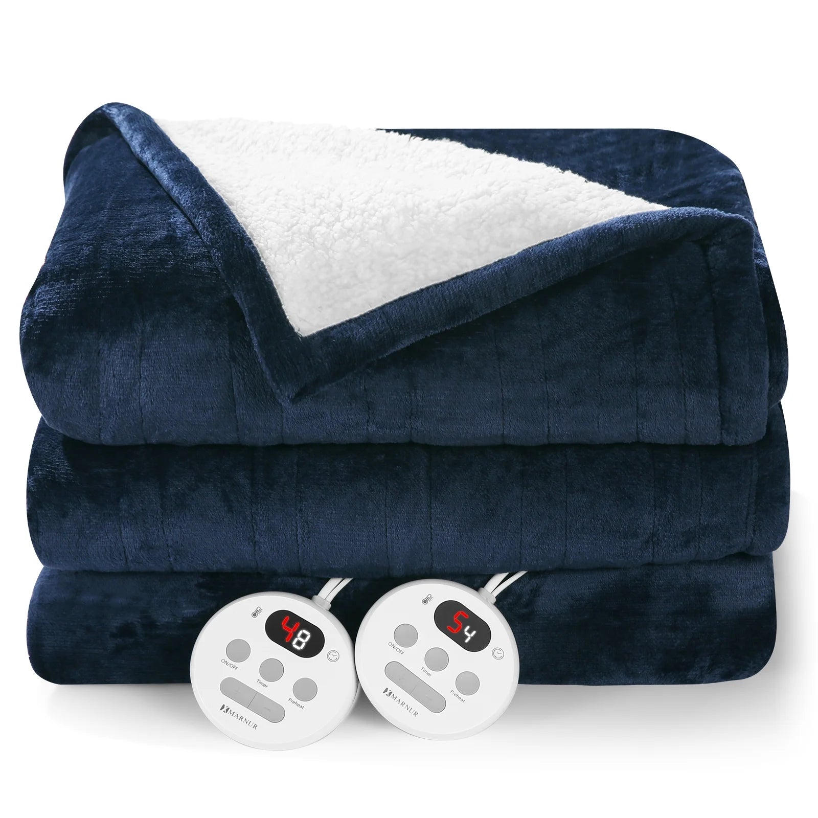Electric Heated Blanket King Size 90''X100'', Fast Heating with Dual Controllers, 10 Heating Levels, 10H Timers, Preheat Function - Dark Blue