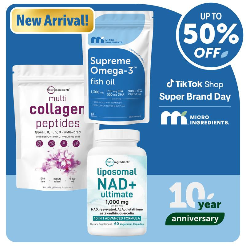 Micro Ingredients Ultimate anti Aging Bundle: Multi Collagen Peptides Powder 1LB & Liposomal NAD+ 60 Veggie Capsules & Supreme Omega-3 Fish Oil 60 Softgels