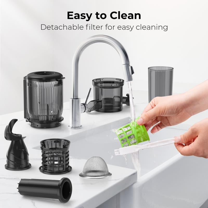 【Halloween Gifts】Syvio Juicer Machines, Cold Press Juicer with Large Feed Chute for Whole Fruits & Vegetables, Slow Masticating Juicers with 3 Replace Filters for Batch Juicing, Easy to Clean, BPA Free(Silver)