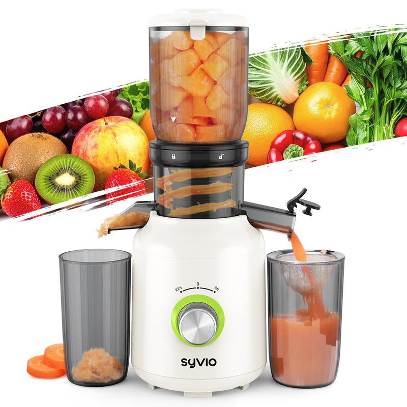 【Halloween Gifts】Syvio Juicer Machines, Cold Press Juicer with Large Feed Chute for Whole Fruits & Vegetables, Slow Masticating Juicers with 3 Replace Filters for Batch Juicing, Easy to Clean, BPA Free(Silver)