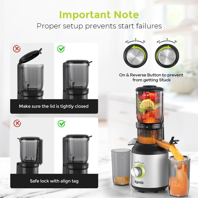 【Halloween Gifts】Syvio Juicer Machines, Cold Press Juicer with Large Feed Chute for Whole Fruits & Vegetables, Slow Masticating Juicers with 3 Replace Filters for Batch Juicing, Easy to Clean, BPA Free(Silver)