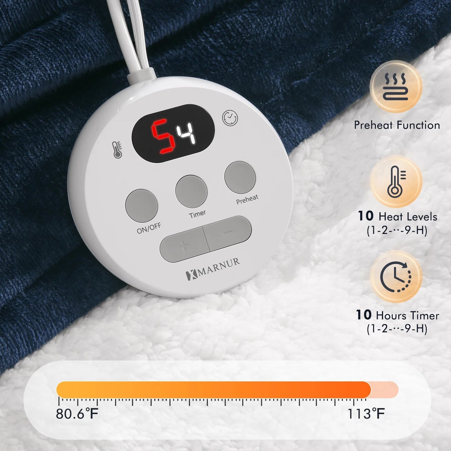 Electric Heated Blanket King Size 90''X100'', Fast Heating with Dual Controllers, 10 Heating Levels, 10H Timers, Preheat Function - Dark Blue