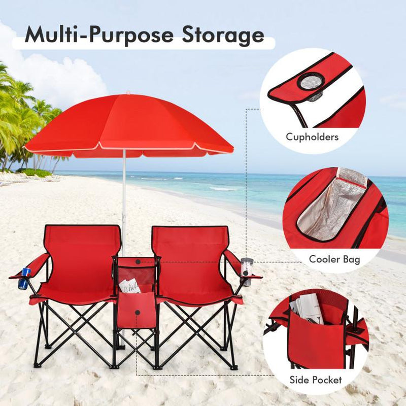 COSTWAY Double Portable Picnic Chairs, Folding Camping Chairs W/Detachable Umbrella, Cooler Bag, Cup Holders, Patio Beach Camping Chairs for Outdoors-Back to School