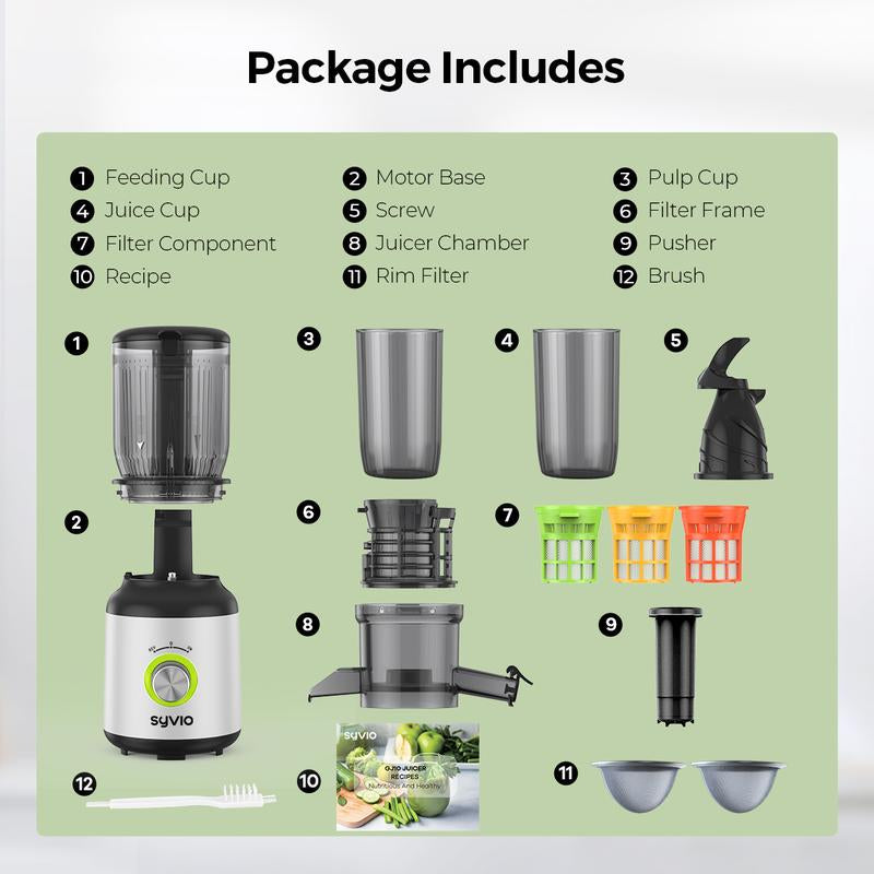 【Halloween Gifts】Syvio Juicer Machines, Cold Press Juicer with Large Feed Chute for Whole Fruits & Vegetables, Slow Masticating Juicers with 3 Replace Filters for Batch Juicing, Easy to Clean, BPA Free(Silver)