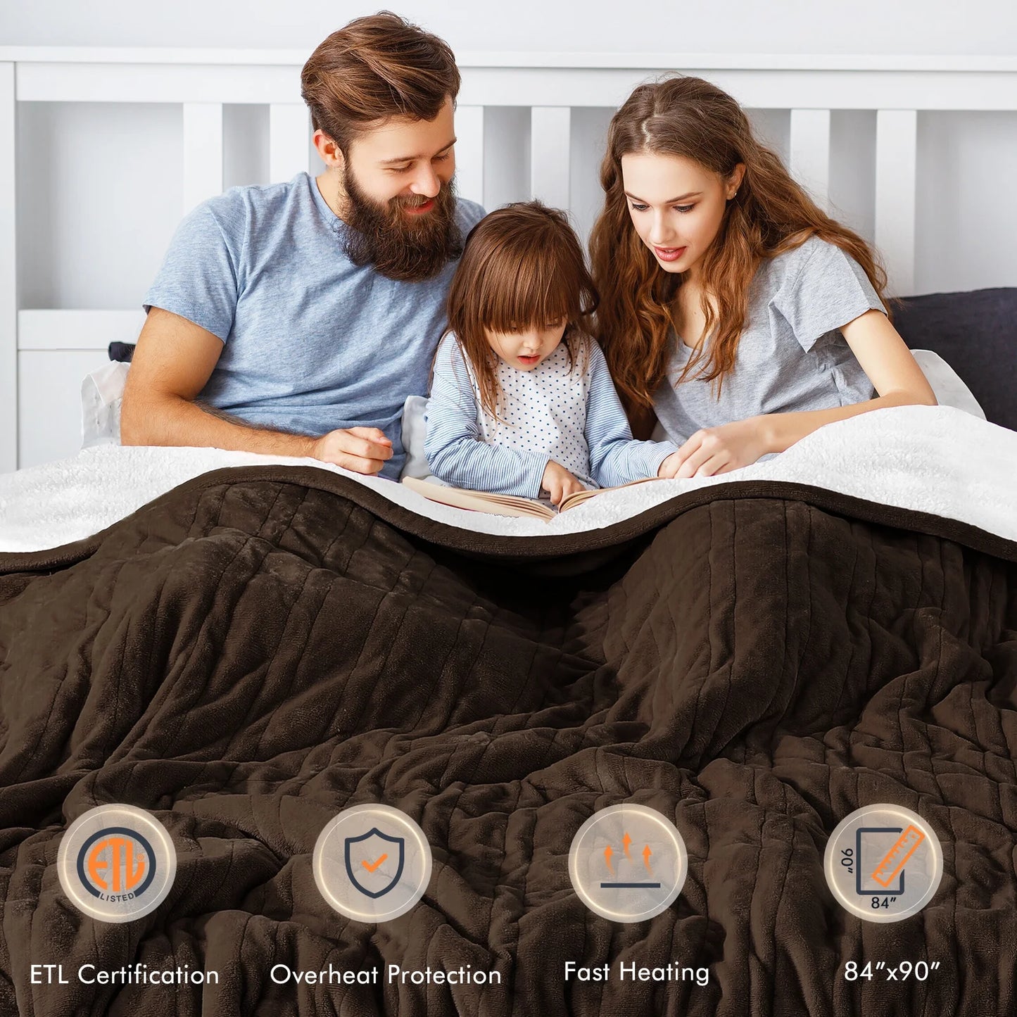 Electric Heated Blanket Queen Size 84''X90'', Fast Heating with Dual Controllers, 10 Heating Levels, 10H Timers, Preheat Function - Brown