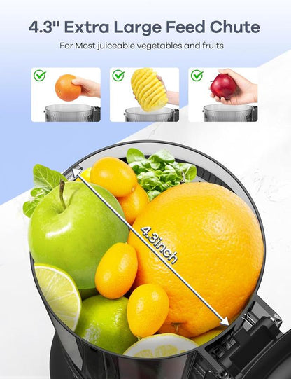 【Halloween Gifts】Syvio Juicer Machines, Cold Press Juicer with Large Feed Chute for Whole Fruits & Vegetables, Slow Masticating Juicers with 3 Replace Filters for Batch Juicing, Easy to Clean, BPA Free(Silver)