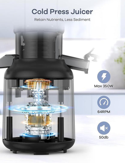 【Halloween Gifts】Syvio Juicer Machines, Cold Press Juicer with Large Feed Chute for Whole Fruits & Vegetables, Slow Masticating Juicers with 3 Replace Filters for Batch Juicing, Easy to Clean, BPA Free(Silver)