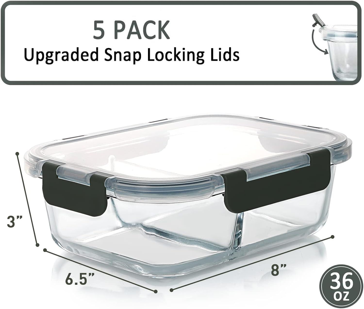 [5-Pack,36 Oz]Glass Meal Prep Containers 2 Compartments Portion Control with Upgraded Snap Locking Lids Glass Food Storage Containers, Microwave, Oven, Freezer and Dishwasher (4.5 Cups)