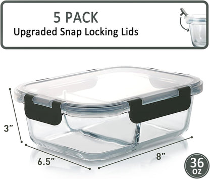 [5-Pack,36 Oz]Glass Meal Prep Containers 2 Compartments Portion Control with Upgraded Snap Locking Lids Glass Food Storage Containers, Microwave, Oven, Freezer and Dishwasher (4.5 Cups)