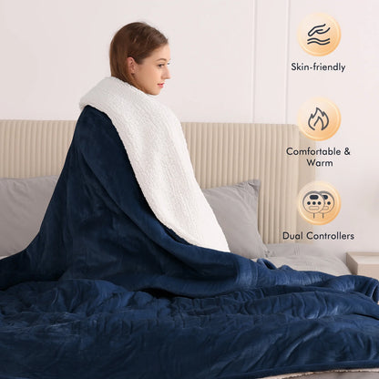 Electric Heated Blanket King Size 90''X100'', Fast Heating with Dual Controllers, 10 Heating Levels, 10H Timers, Preheat Function - Dark Blue