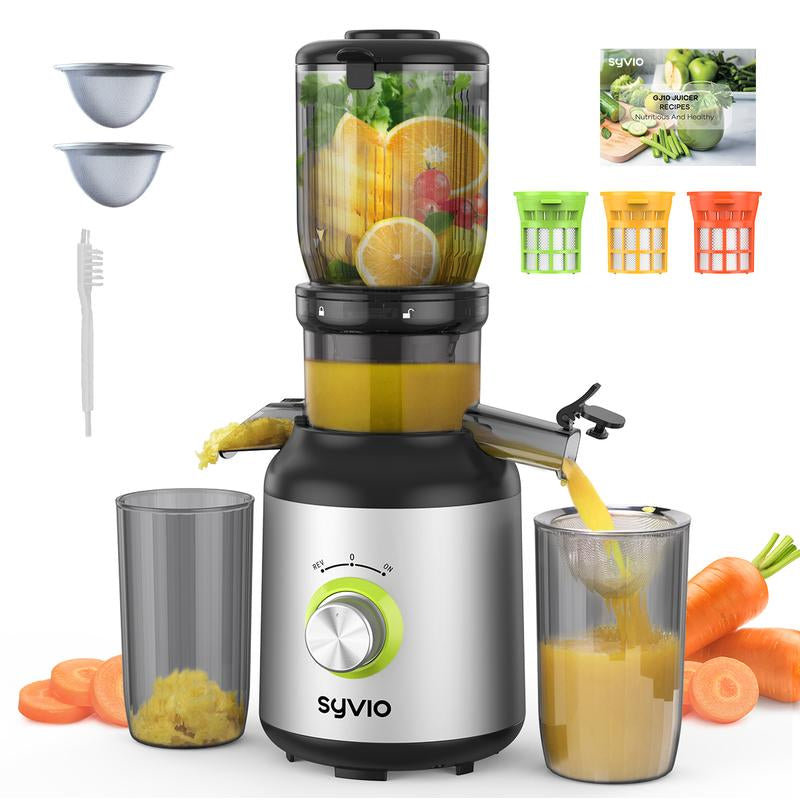 【Halloween Gifts】Syvio Juicer Machines, Cold Press Juicer with Large Feed Chute for Whole Fruits & Vegetables, Slow Masticating Juicers with 3 Replace Filters for Batch Juicing, Easy to Clean, BPA Free(Silver)