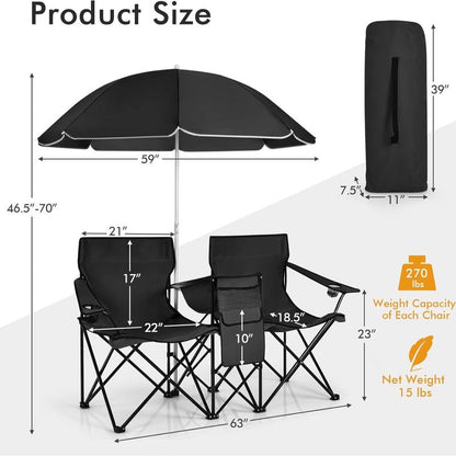 COSTWAY Double Portable Picnic Chairs, Folding Camping Chairs W/Detachable Umbrella, Cooler Bag, Cup Holders, Patio Beach Camping Chairs for Outdoors-Back to School