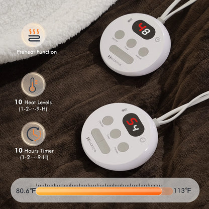 Electric Heated Blanket Queen Size 84''X90'', Fast Heating with Dual Controllers, 10 Heating Levels, 10H Timers, Preheat Function - Brown
