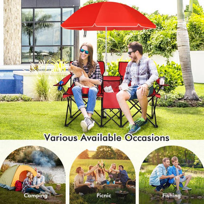 COSTWAY Double Portable Picnic Chairs, Folding Camping Chairs W/Detachable Umbrella, Cooler Bag, Cup Holders, Patio Beach Camping Chairs for Outdoors-Back to School