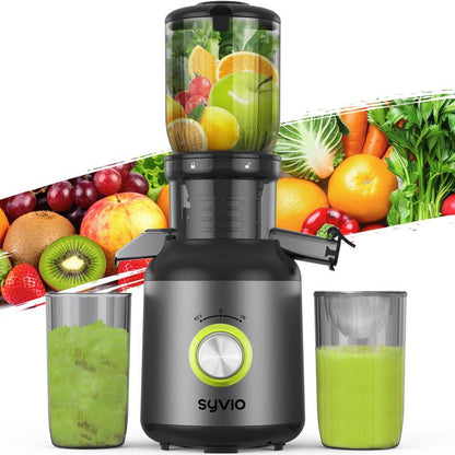 【Halloween Gifts】Syvio Juicer Machines, Cold Press Juicer with Large Feed Chute for Whole Fruits & Vegetables, Slow Masticating Juicers with 3 Replace Filters for Batch Juicing, Easy to Clean, BPA Free(Silver)