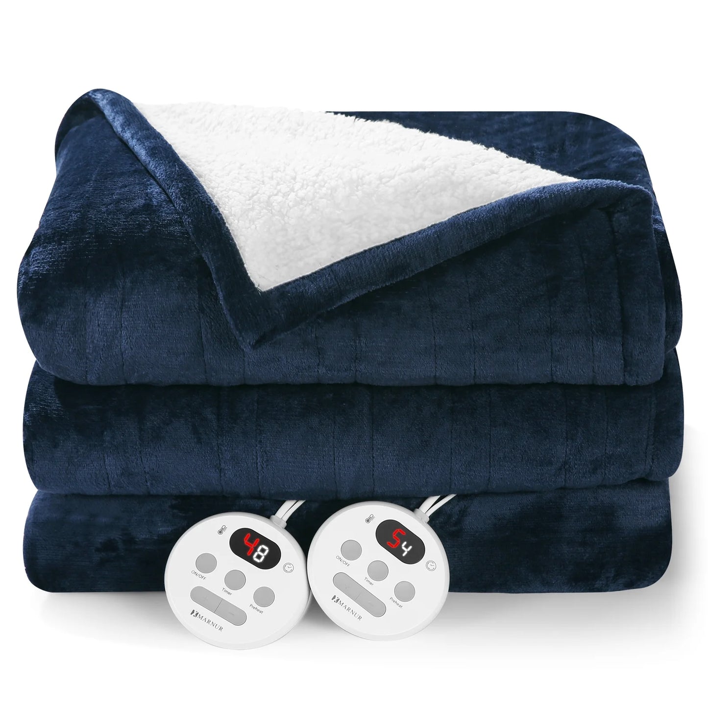 Electric Heated Blanket King Size 90''X100'', Fast Heating with Dual Controllers, 10 Heating Levels, 10H Timers, Preheat Function - Dark Blue
