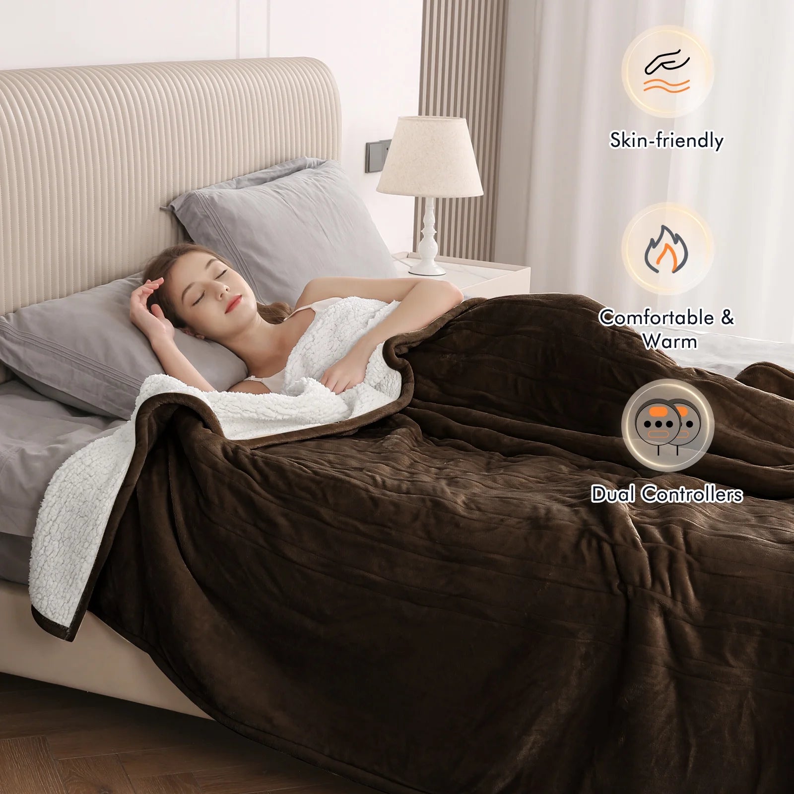 Electric Heated Blanket Queen Size 84''X90'', Fast Heating with Dual Controllers, 10 Heating Levels, 10H Timers, Preheat Function - Brown