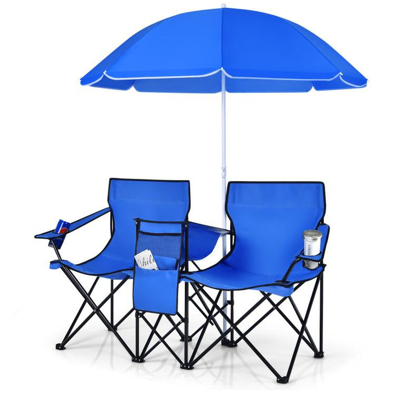 COSTWAY Double Portable Picnic Chairs, Folding Camping Chairs W/Detachable Umbrella, Cooler Bag, Cup Holders, Patio Beach Camping Chairs for Outdoors-Back to School