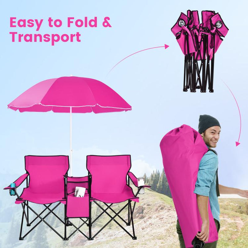 COSTWAY Double Portable Picnic Chairs, Folding Camping Chairs W/Detachable Umbrella, Cooler Bag, Cup Holders, Patio Beach Camping Chairs for Outdoors-Back to School