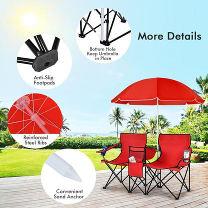 COSTWAY Double Portable Picnic Chairs, Folding Camping Chairs W/Detachable Umbrella, Cooler Bag, Cup Holders, Patio Beach Camping Chairs for Outdoors-Back to School