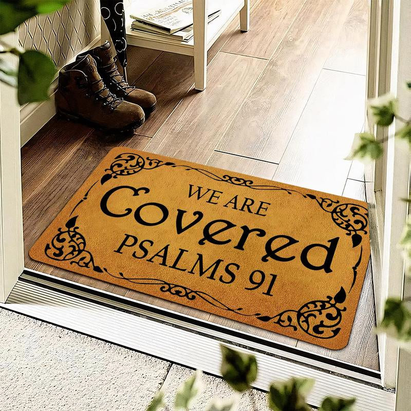 Letter Pattern Door Mat, We Are Covered Psalms 91 Print Non-Slip Floor Mat, Decorative Mat for Home, Religious Doormat