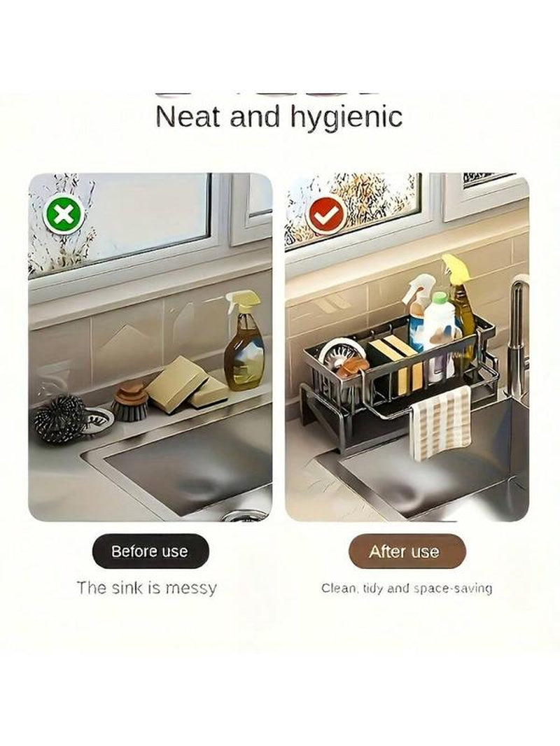 Stainless Kitchen Sink Drying Rack,Metal Sponge Drain Holder,Multifunctional Storage Rack for Home, Storage Organizer, Household Essentials, Fall Decor, Kitchen Gadgets Hollow Hook Large Capacity Steel Display Shelf Display Stand