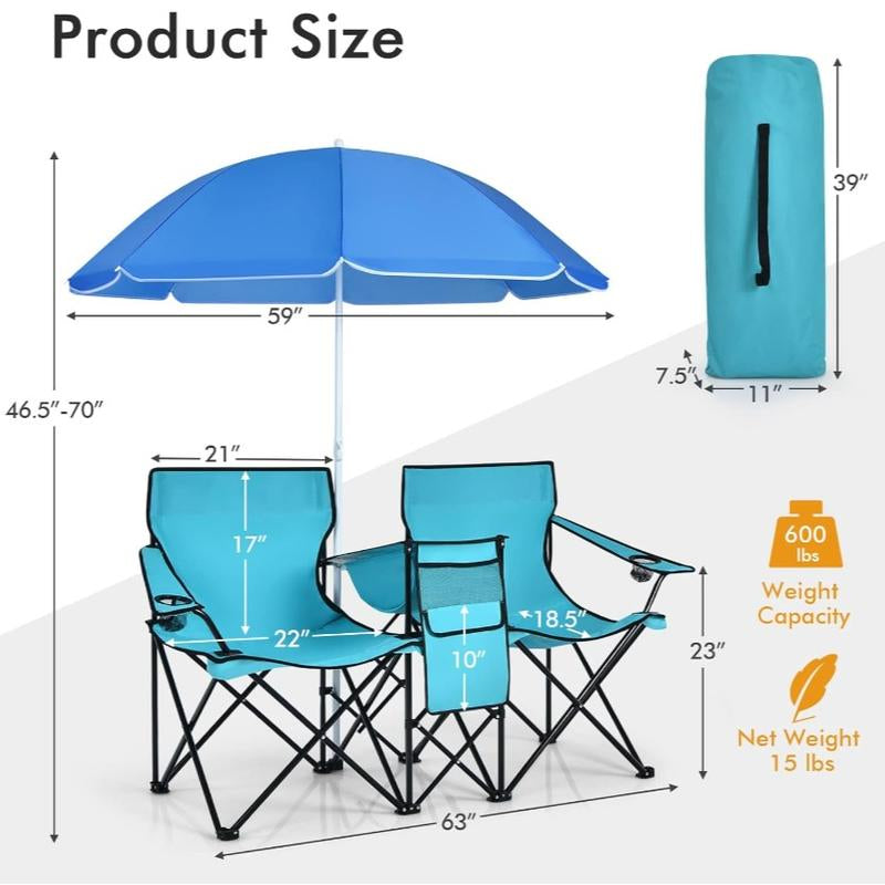 COSTWAY Double Portable Picnic Chairs, Folding Camping Chairs W/Detachable Umbrella, Cooler Bag, Cup Holders, Patio Beach Camping Chairs for Outdoors-Back to School