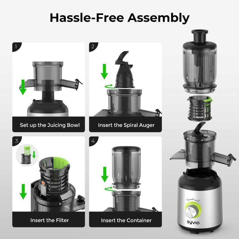 【Halloween Gifts】Syvio Juicer Machines, Cold Press Juicer with Large Feed Chute for Whole Fruits & Vegetables, Slow Masticating Juicers with 3 Replace Filters for Batch Juicing, Easy to Clean, BPA Free(Silver)
