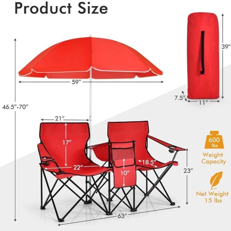 COSTWAY Double Portable Picnic Chairs, Folding Camping Chairs W/Detachable Umbrella, Cooler Bag, Cup Holders, Patio Beach Camping Chairs for Outdoors-Back to School