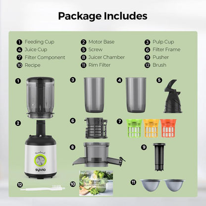 【Halloween Gifts】Syvio Juicer Machines, Cold Press Juicer with Large Feed Chute for Whole Fruits & Vegetables, Slow Masticating Juicers with 3 Replace Filters for Batch Juicing, Easy to Clean, BPA Free(Silver)